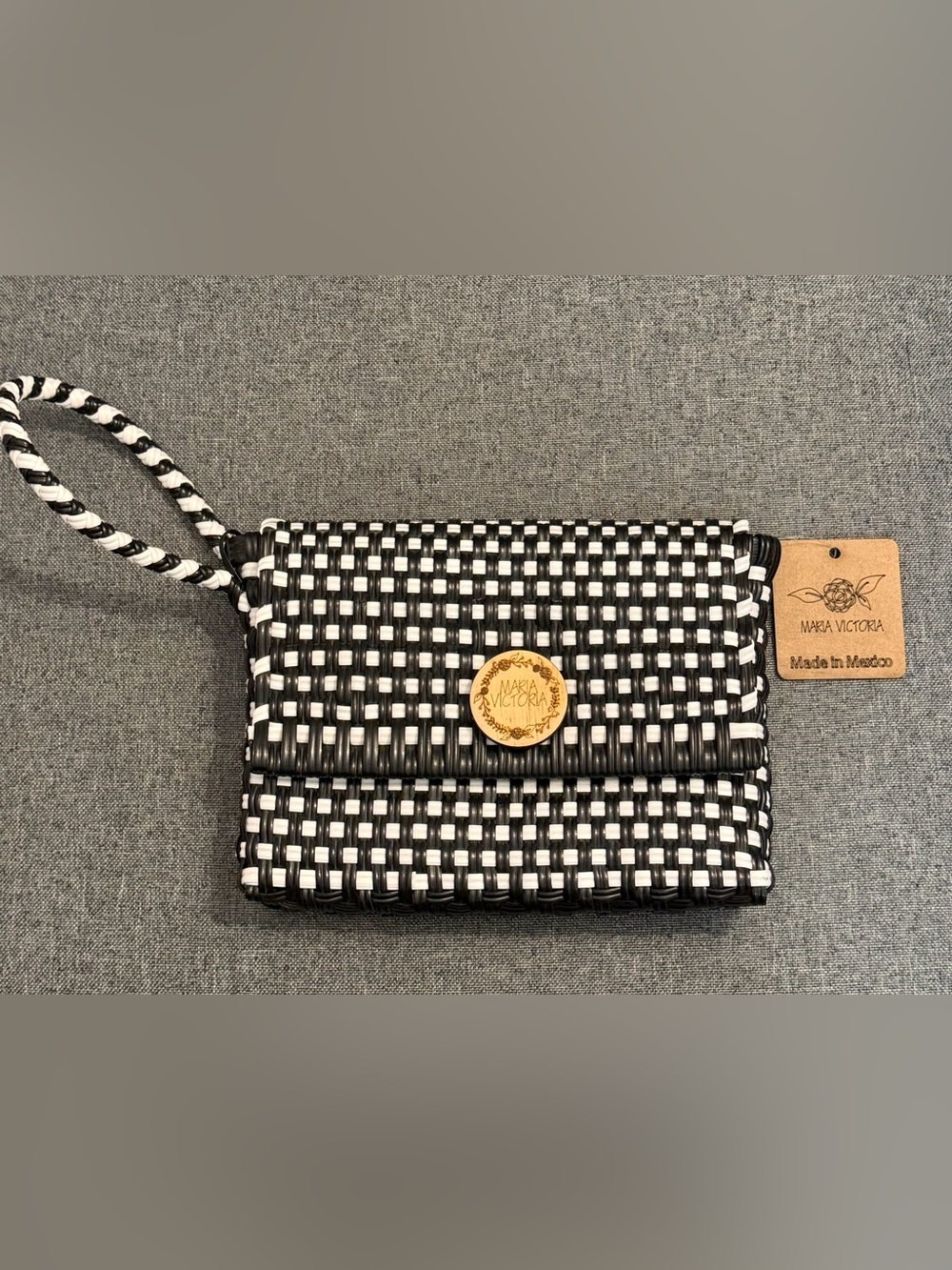 Maria Victoria Black & White Woven Wristlet Clutch